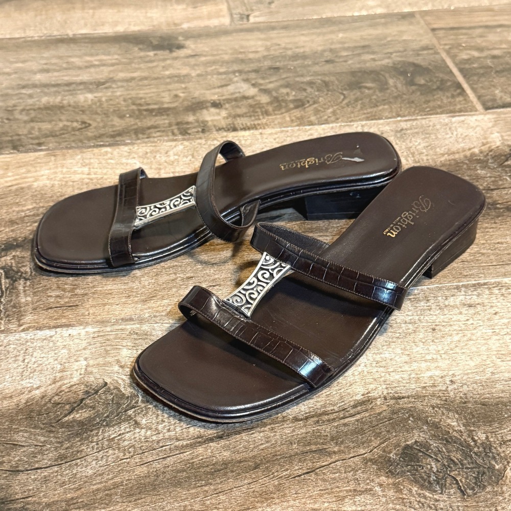 Brighton Dark Brown Croc-Trim Slide Sandals with Silver-Tone Accent
